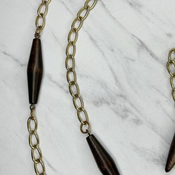 Wood Beaded Gold Tone Metal Chain Link Belt One Size (OS) ✨ - Picture 3 of 12